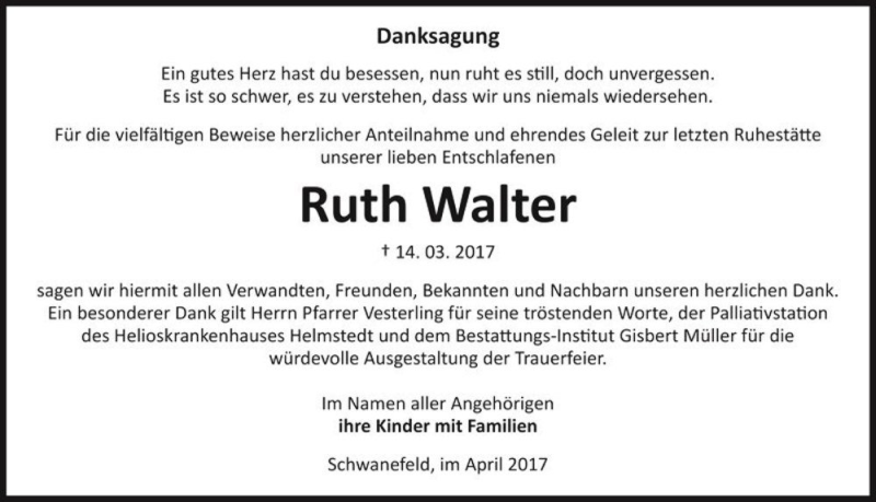  Traueranzeige für Ruth Walter  vom 01.04.2017 aus Magdeburger Volksstimme