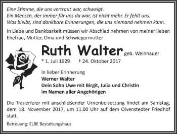 Traueranzeige von Ruth Walter (geb. Weinhauer)  von Magdeburger Volksstimme