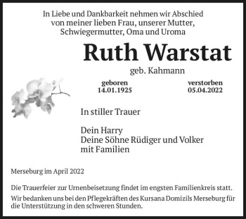 Traueranzeige von Ruth Warstat (geb. Kahmann)  von Magdeburger Volksstimme