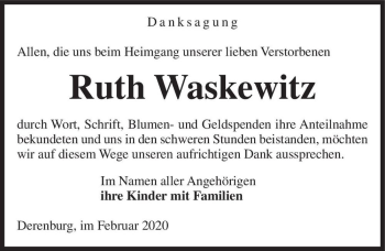 Traueranzeige von Ruth Waskewitz  von Magdeburger Volksstimme