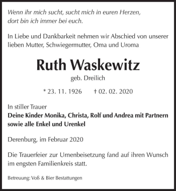 Traueranzeige von Ruth Waskewitz (geb. Dreilich)  von Magdeburger Volksstimme