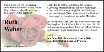 Traueranzeige von Ruth Weber  von Magdeburger Volksstimme