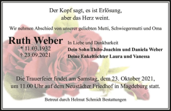 Traueranzeige von Ruth Weber  von Magdeburger Volksstimme