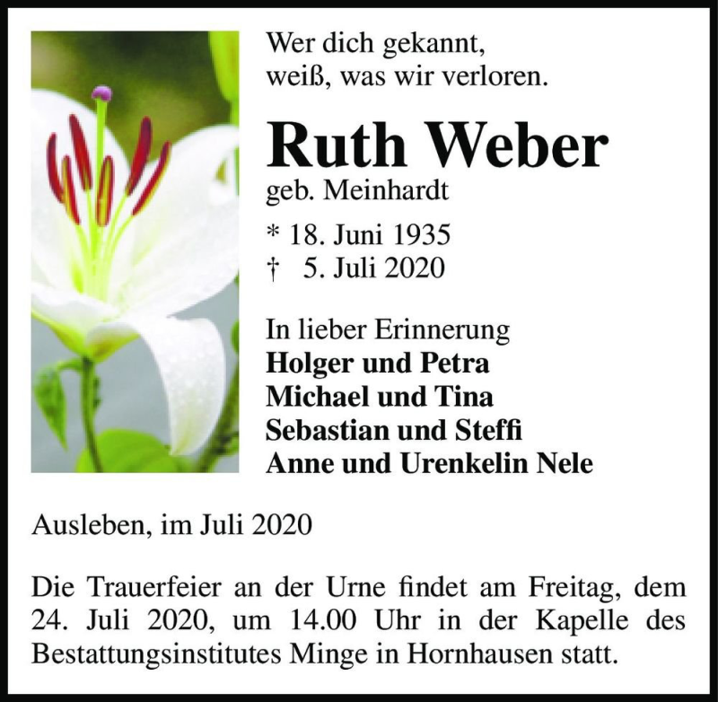  Traueranzeige für Ruth Weber (geb. Meinhardt)  vom 10.07.2020 aus Magdeburger Volksstimme