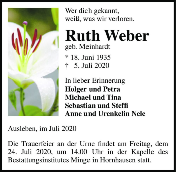 Traueranzeige von Ruth Weber (geb. Meinhardt)  von Magdeburger Volksstimme