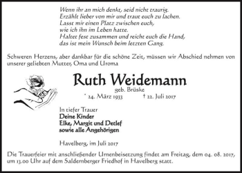 Traueranzeige von Ruth Weidemann (geb. Brüske)  von Magdeburger Volksstimme