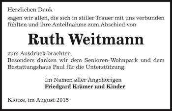 Traueranzeige von Ruth Weitmann  von Magdeburger Volksstimme
