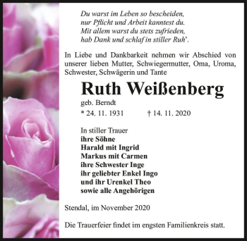 Traueranzeige von Ruth Weißenberg (geb. Berndt)  von Magdeburger Volksstimme