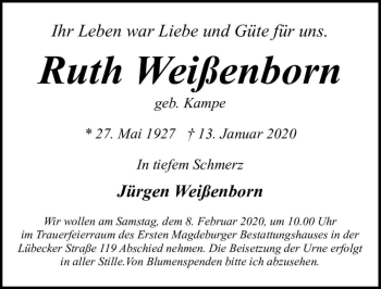 Traueranzeige von Ruth Weißenborn (geb. Kampe)  von Magdeburger Volksstimme