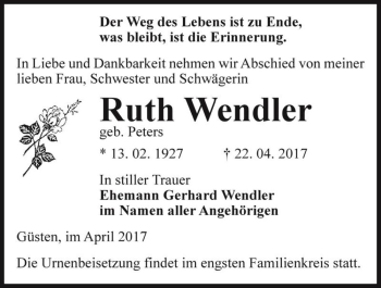 Traueranzeige von Ruth Wendler (geb. Peters)  von Magdeburger Volksstimme