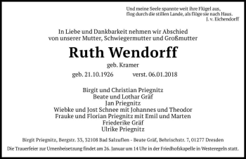 Traueranzeige von Ruth Wendorff (geb. Kramer)  von Magdeburger Volksstimme