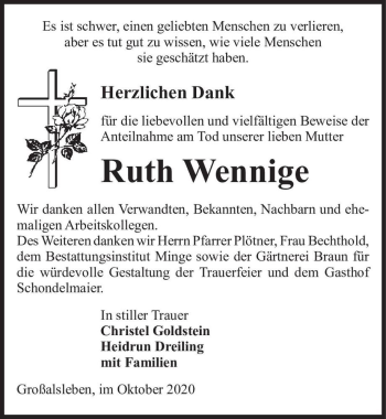 Traueranzeige von Ruth Wennige  von Magdeburger Volksstimme