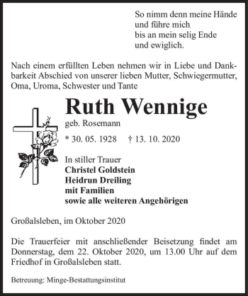 Traueranzeige von Ruth Wennige (geb. Rosemann)  von Magdeburger Volksstimme