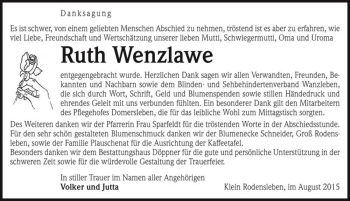 Traueranzeige von Ruth Wenzlawe  von Magdeburger Volksstimme