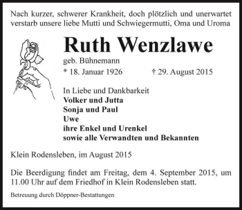 Traueranzeige von Ruth Wenzlawe (geb. Bühnemann)  von Magdeburger Volksstimme