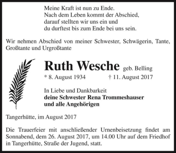 Traueranzeige von Ruth Wesche (geb. Belling)  von Magdeburger Volksstimme