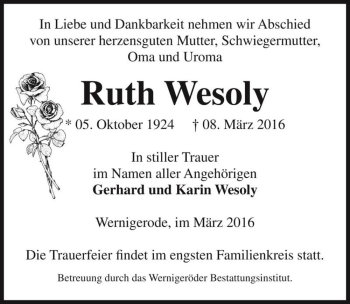 Traueranzeige von Ruth Wesoly  von Magdeburger Volksstimme
