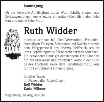 Traueranzeige von Ruth Widder  von Magdeburger Volksstimme