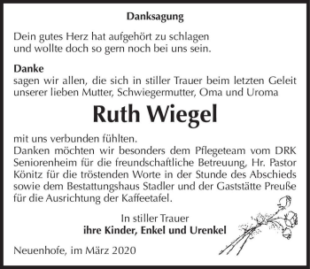 Traueranzeige von Ruth Wiegel  von Magdeburger Volksstimme