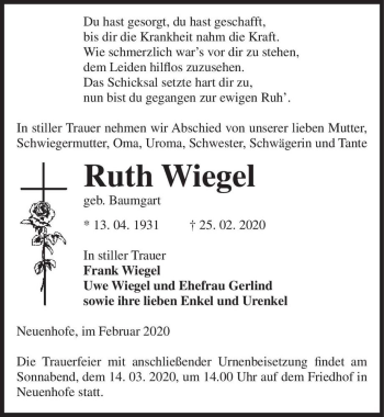 Traueranzeige von Ruth Wiegel (geb. Baumgart)  von Magdeburger Volksstimme