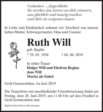 Traueranzeige von Ruth Will (geb. Kupfer)  von Magdeburger Volksstimme