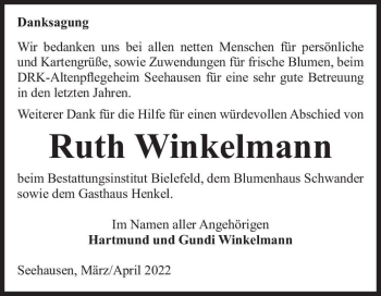 Traueranzeige von Ruth Winkelmann  von Magdeburger Volksstimme