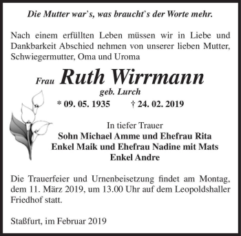 Traueranzeige von Ruth Wirrmann (geb. Lurch)  von Magdeburger Volksstimme