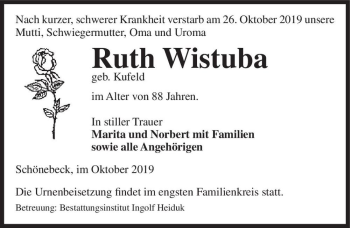Traueranzeige von Ruth Wistuba (geb. Kufeld)  von Magdeburger Volksstimme