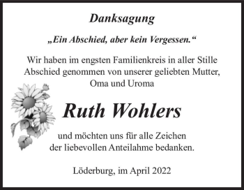 Traueranzeige von Ruth Wohlers  von Magdeburger Volksstimme