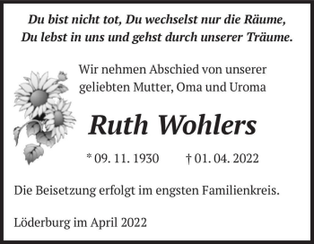 Traueranzeige von Ruth Wohlers  von Magdeburger Volksstimme