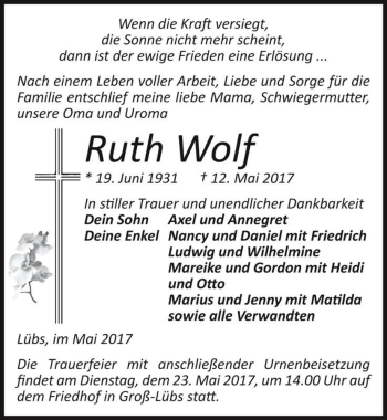 Traueranzeige von Ruth Wolf  von Magdeburger Volksstimme