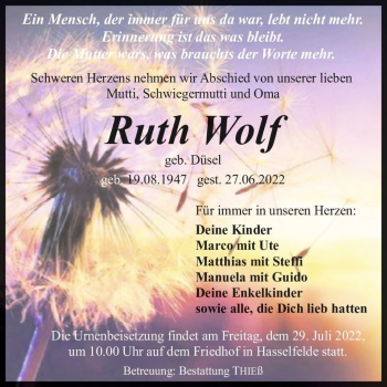 Traueranzeige von Ruth Wolf (geb. Düsel)  von Magdeburger Volksstimme