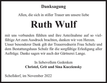 Traueranzeige von Ruth Wulf  von Magdeburger Volksstimme