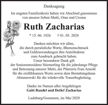 Traueranzeige von Ruth Zacharias  von Magdeburger Volksstimme