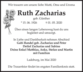 Traueranzeige von Ruth Zacharias (geb. Günther)  von Magdeburger Volksstimme