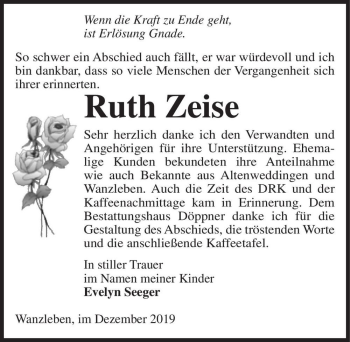 Traueranzeige von Ruth Zeise  von Magdeburger Volksstimme
