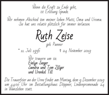 Traueranzeige von Ruth Zeise (geb. Panner)  von Magdeburger Volksstimme