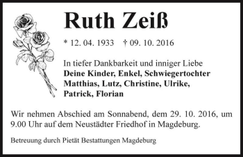 Traueranzeige von Ruth Zeiß  von Magdeburger Volksstimme