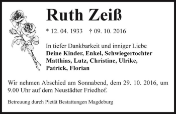 Traueranzeige von Ruth Zeiß  von Magdeburger Volksstimme