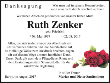Traueranzeige von Ruth Zenker (geb. Friedrich)  von Magdeburger Volksstimme