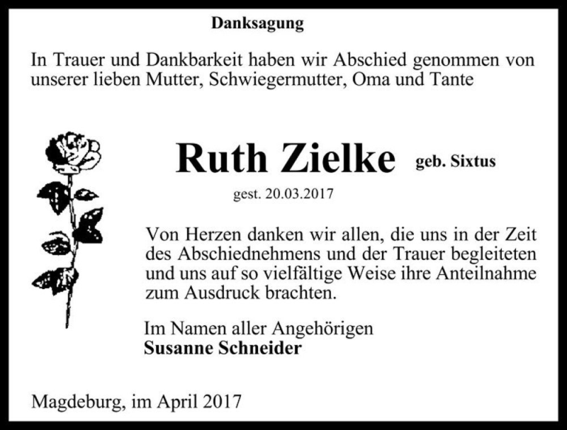  Traueranzeige für Ruth Zielke (geb. Sixtus)  vom 22.04.2017 aus Magdeburger Volksstimme