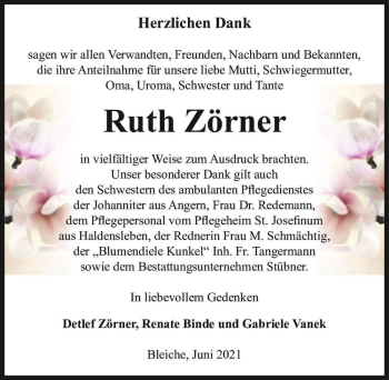 Traueranzeige von Ruth Zörner  von Magdeburger Volksstimme