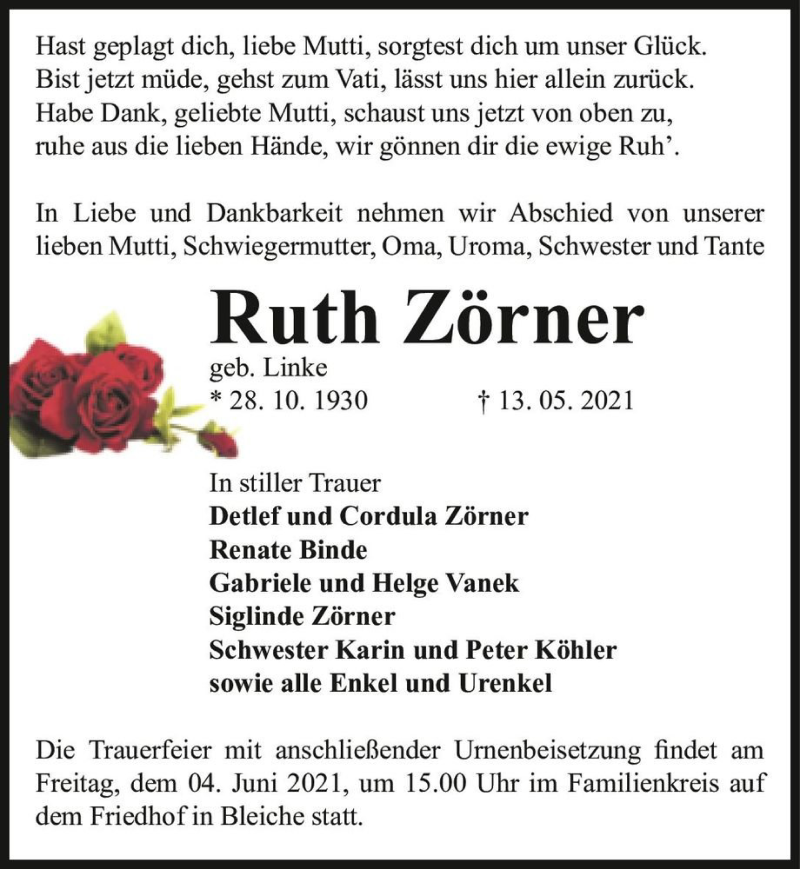  Traueranzeige für Ruth Zörner (geb. Linke)  vom 29.05.2021 aus Magdeburger Volksstimme