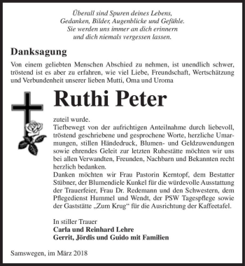 Traueranzeige von Ruthi Peter  von Magdeburger Volksstimme