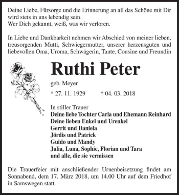 Traueranzeige von Ruthi Peter (geb. Meyer)  von Magdeburger Volksstimme