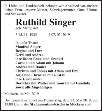Traueranzeige von Ruthild Singer (geb. Marquardt)  von Magdeburger Volksstimme