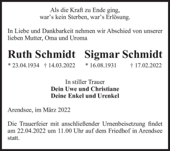 Traueranzeige von Ruth und Sigmar Schmidt  von Magdeburger Volksstimme