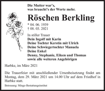 Traueranzeige von Röschen Berkling  von Magdeburger Volksstimme
