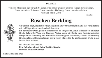 Traueranzeige von Röschen Berkling  von Magdeburger Volksstimme