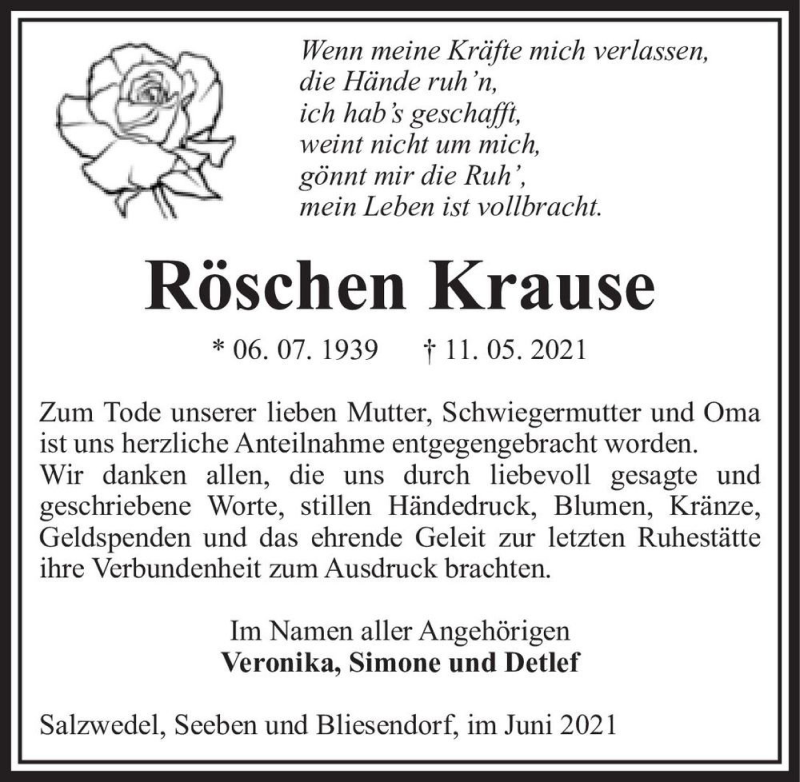  Traueranzeige für Röschen Krause  vom 26.06.2021 aus Magdeburger Volksstimme